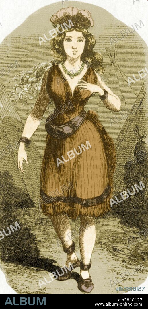 An artist's fanciful imagining of Virginia Dare. Viriginia Dare was the first baby born to English settlers in Roanoke, in 1587. The settlement at Roanoke disappeared after two years and no one knows what became of the colonists. Some believe they went "native" to survive. This depiction of Virginia reflects that, dressed as she is in Native American-inspired clothing, with teepees and Native Americans in the background. Some legends have her turning into a white doe, eventually shot by a returning Englishman. She has become an enduring character in American folklore.