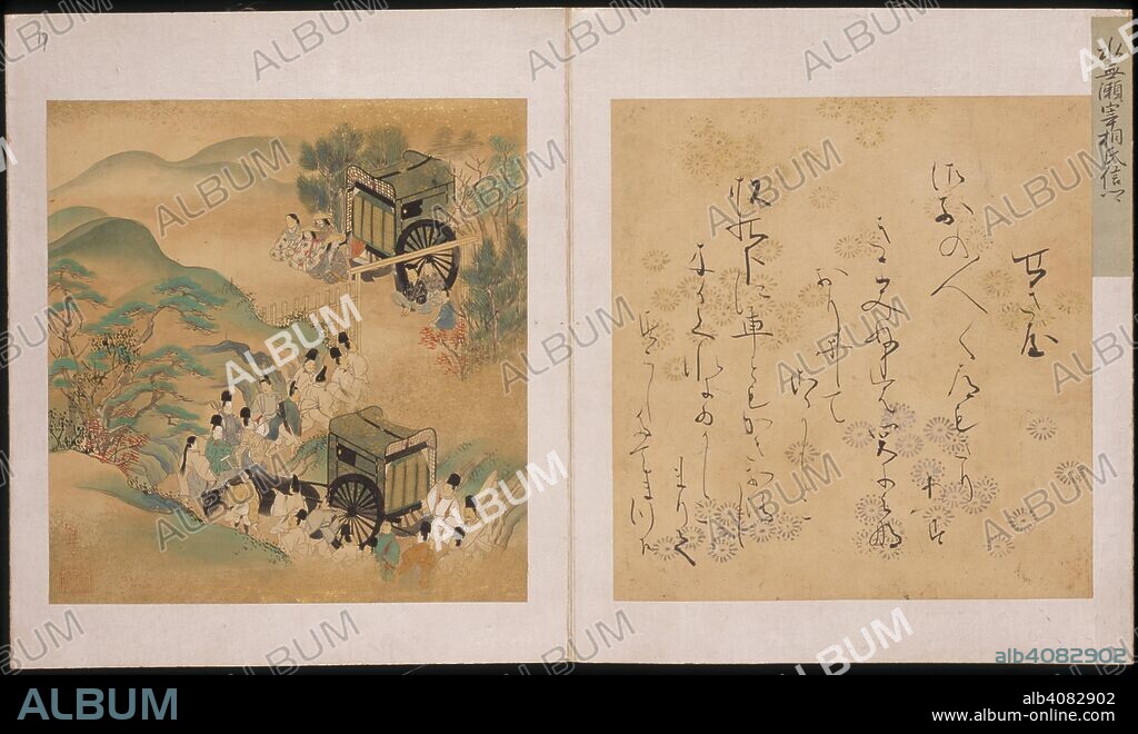 Two carriages. Genji Monogatari Ekotoba ('Illustrated Tale of Gen. early Edo period (1640-1680). Genhi ch.16 (Sekiya). Album with illustrations depicting each chapter of the Tale of Genji accompanied by a poem by members of the Japanese court aristocracy.  Image taken from Genji Monogatari Ekotoba ('Illustrated Tale of Genji').  Originally published/produced in early Edo period (1640-1680). . Source: Or. 1287, f.17. Language: Japanese.