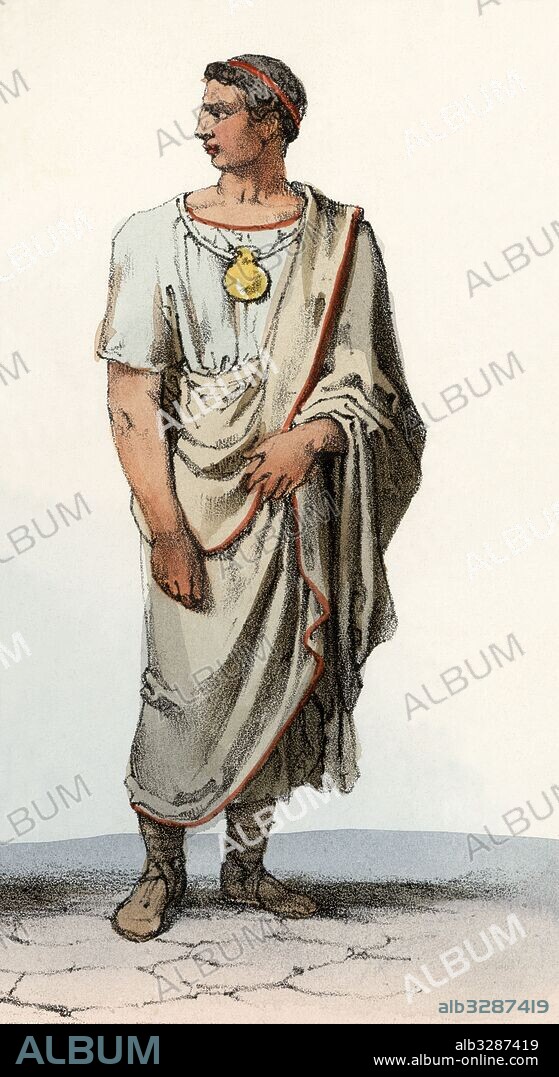 Roma. Edad antigua. Joven patricio romano vestido con la toga senatorial. Grabado de 1900.