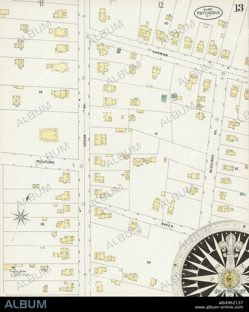 Image 13 of Sanborn Fire Insurance Map from Patchogue, Suffolk County, New York. May 1897. 15 Sheet(s), America, street map with a Nineteenth Century compass.