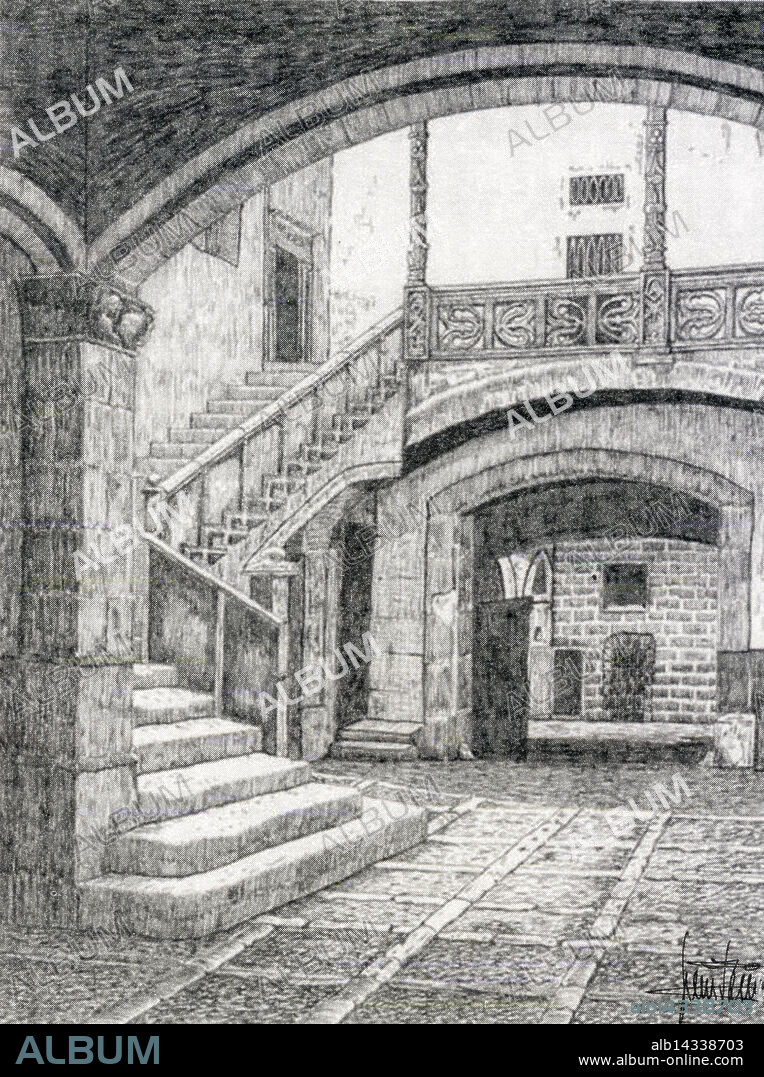 Cal Comte d'Aiamans courtyard, charcoal drawing, Mallorca, Balearic Islands, Spain.