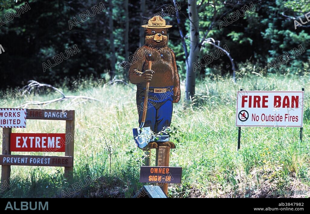 The "Smokey the Bear" campaign and the motto, "Only you can prevent forest fires" was created in 1944 as a fire prevention safety campaign in the United States. San Juan mountains, Colorado.