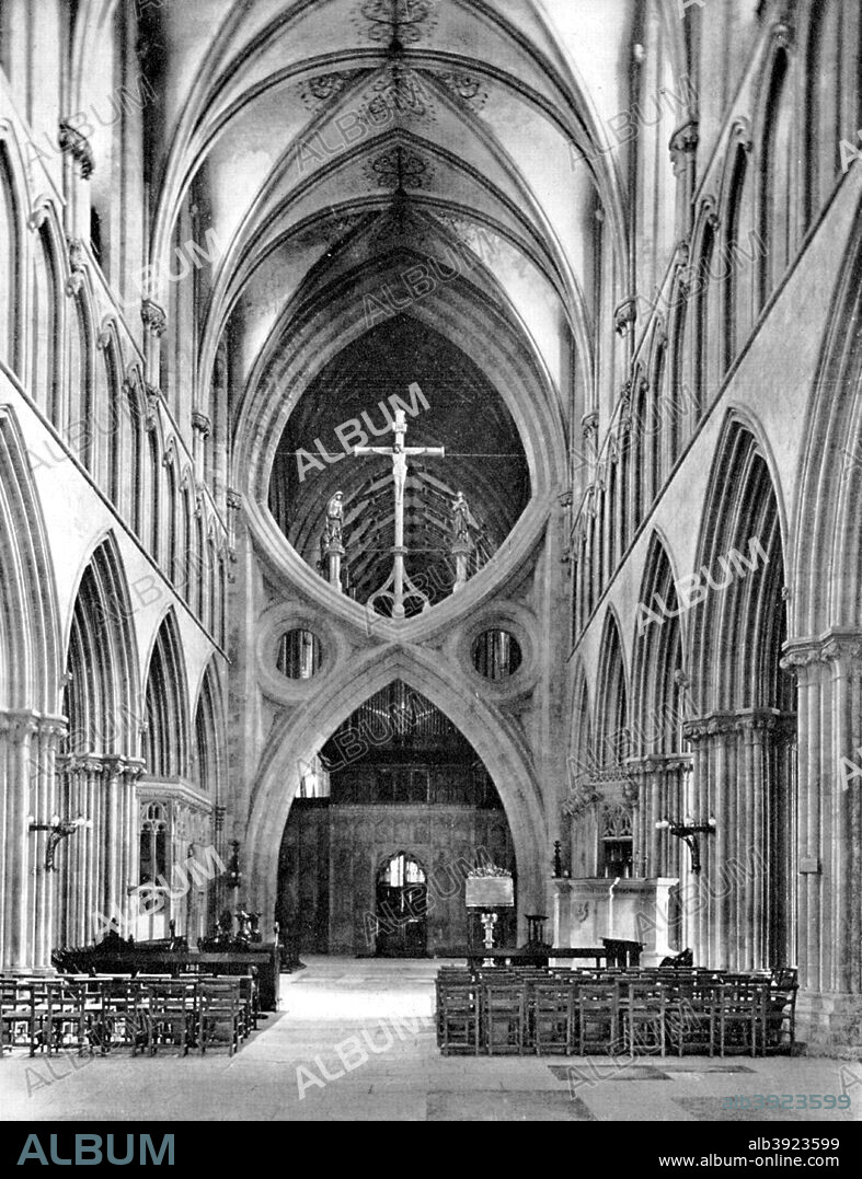 The Nave, Wells Cathedral, Somerset, England, 1924-1926. Interior of the cathedral which was begun in 1180. The scissor arches were built in the 14th century to stabilise the building after an added spire caused some of the supporting pillars to subside.