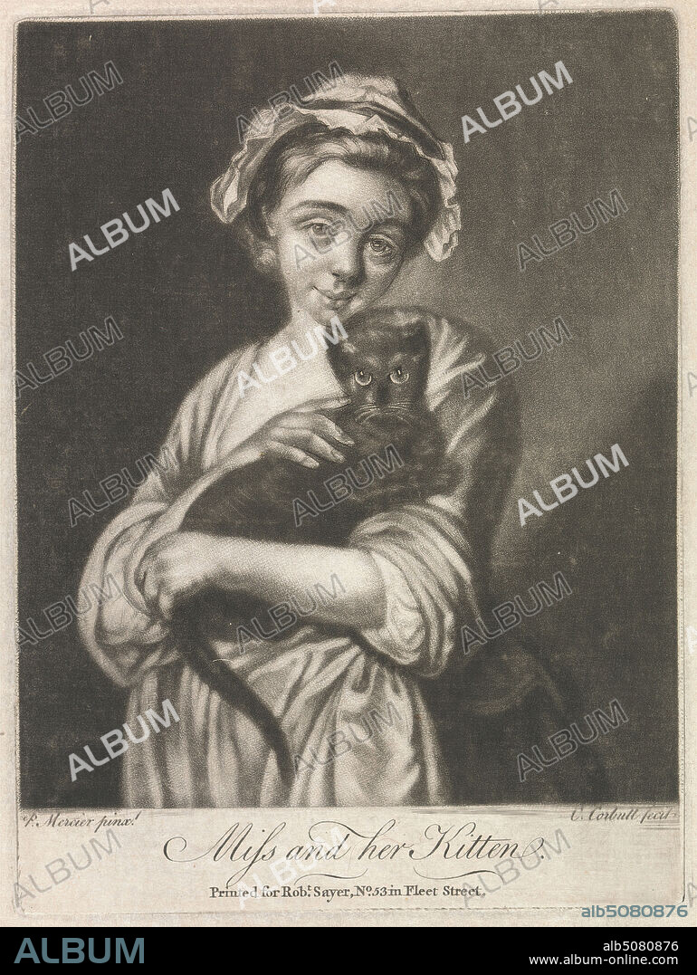 Miss and her Kitten (Rural Life), Print made by Richard Purcell, active 17461766, Irish, after Philippe Mercier, 1689 or 16911760, Franco-German, active in Britain (from 1716), undated, Mezzotint on moderately thick, moderately textured, cream laid paper, Sheet: 9 1/4 × 6 1/8 inches (23.5 × 15.6 cm), Plate: 6 × 4 1/2 inches (15.2 × 11.4 cm), and Image: 5 1/4 × 4 3/8 inches (13.3 × 11.1 cm), cat (domestic cat), figure study, genre subject.