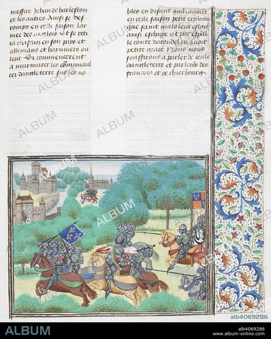 JEAN FROISSART. The capture of Olivier du Guesclin, during the siege of Cherbourg, 1378-9. Chroniques. Netherlands, S. Last quarter of the 15th century, before 1483. Source: Royal 18 E. I f.48. Language: French.