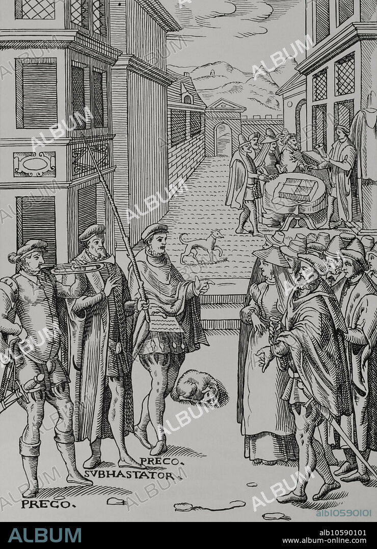 Venta en subasta. El pregonero tocando la trompeta y el subastador, funcionario público a cargo de la venta. Otra venta al fondo, al sonido de a campana. Grabado a partir del original de "Praxis Rerum Civilium", por Joost de Damhouder (1507-1581). Publicado en Amberes, 1557. "Moeurs, usages et costumes au moyen-âge et à l'époque de la Renaissance", por Paul Lacroix. París, 1878.