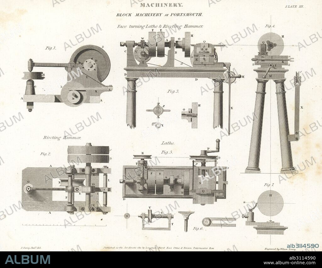 Face-turning lathe and riveting hammer, Block Machinery at Portsmouth naval harbour, 18th century. Copperplate engraving by Wilson Lowry after a drawing by John Farey Jr. from Abraham Rees' Cyclopedia or Universal Dictionary of Arts, Sciences and Literature, Longman, Hurst, Rees, Orme and Brown, London, 1812.
