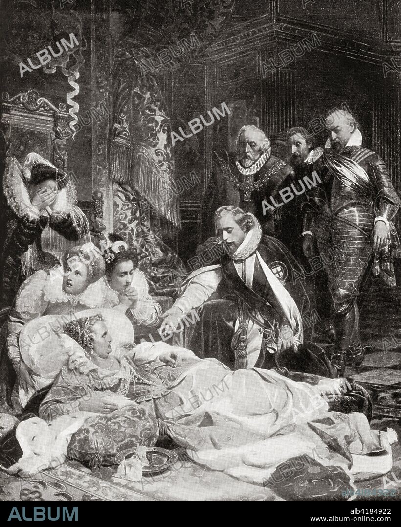 The death of Queen Elizabeth I, 24th March 1603.  Elizabeth I, 1533 - 1603, aka The Virgin Queen, Gloriana or Good Queen Bess.  Queen of England and Ireland.  From Hutchinson's History of the Nations, published 1915.