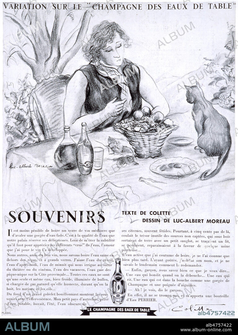 LUC ALBERT MOREAU. COLETTE (1873-1954) dans une publicite de 1938 pour Perrier: 'Variation sur le champagne des eaux de table'. Texte de Colette et illustration de Luc-Albert Moreau, Colette devant son chat. Credit: Collection Kharbine-Tapabor.