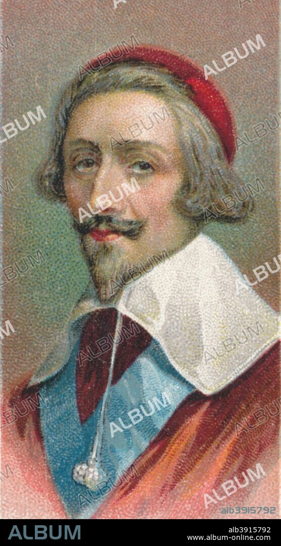 Cardinal Richelieu, French prelate and statesman. Armand Jean Duplessis, Duc de Richelieu (1585-1642) who was made a cardinal in 1622. Richelieu was Minister of State to Louis XII and de facto ruler of France from 1629. Taken from the 'Leaders of Men' cigarette cards produced by Ogdens 1924.