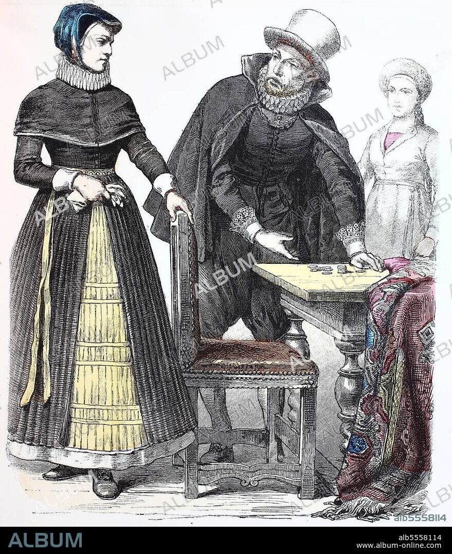 Folk traditional costume, Clothing, History of costumes, Bourgeois woman from Denmark, Merchant, Frau von Stappelhall, Germany, 1600-1630, Historic, digitally restored reproduction of a 19th century original, Europe.