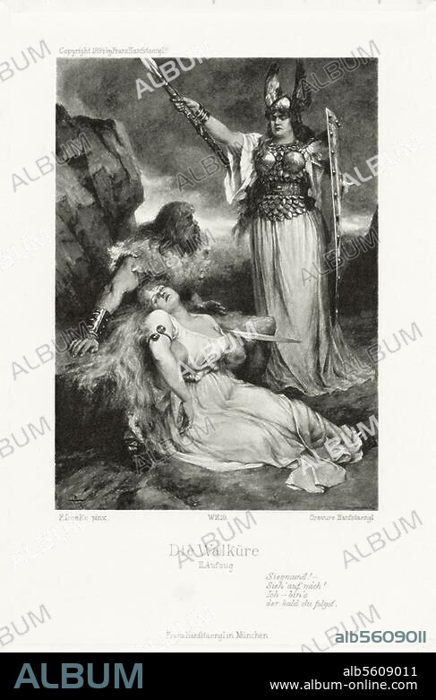 Wagner, Richard. German composer, 1813-1883. Works: Die Walküre (The Valkyrie), premiere 1870. - "Siegmund! - / Sieh' auf mich! / Ich bin's / der bald du folgst." (Siegmund! Look at me! You shall soon follow me!) - (Brünhilde to Siegmund and Sieglinde; 2nd scene). Painting, 1894, by Ferdinand Leeke (1859-1923).