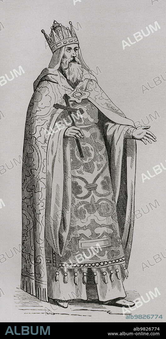 28301. El Preste Juan. Nombre dado a un supuesto gobernante cristiano del Lejano Oriente, según relatos medievales. Retrato. Grabado. "Vie Militaire et Religieuse au Moyen Age et à l'Epoque de la Renaissance". París, 1877.