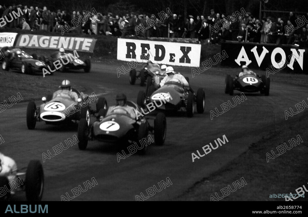 Formula 2 cars leaving Old Hall Corner in the I Oulton Park Trophy. No 28 Henry Taylor's Laystall Climax, No 15 Roy Salvadori's Cooper T51 Climax finished 3rd. No 7 Bruce Halford's Cooper T45 Climax, No 18 George Wicken's Cooper T43 Climax. Oulton Park, England 2 April 1960.