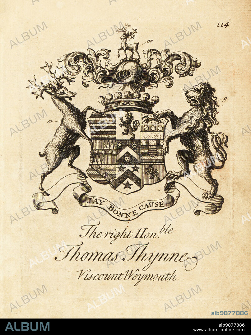 Coat of arms of the Right Honourable Thomas Thynne, 2nd Viscount Weymouth, (1710-1751) of Longleat House. Copperplate engraving by Andrew Johnston after C. Gardiner from Notitia Anglicana, Shewing the Achievements of all the English Nobility, Andrew Johnson, the Strand, London, 1724.