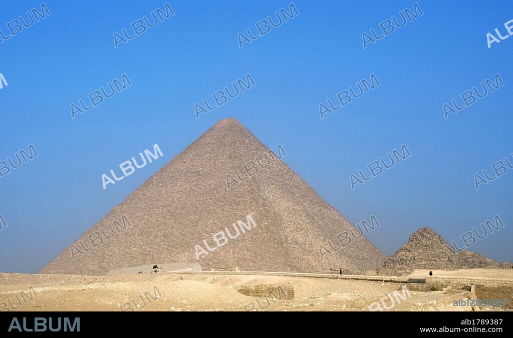 Egypt. Great Pyramid of Giza, known as the  Pyramid of Khufu (Cheops). Is the oldest and largest of the three pyramids in the Giza Necropolis. Tomb of the Fourth Dynasty Egyptian Pharaoh Khufu. Is believed it was constructed by the architect Hemiunu (fl. 2570 BC). 26th century B.C. Old Kingdom.