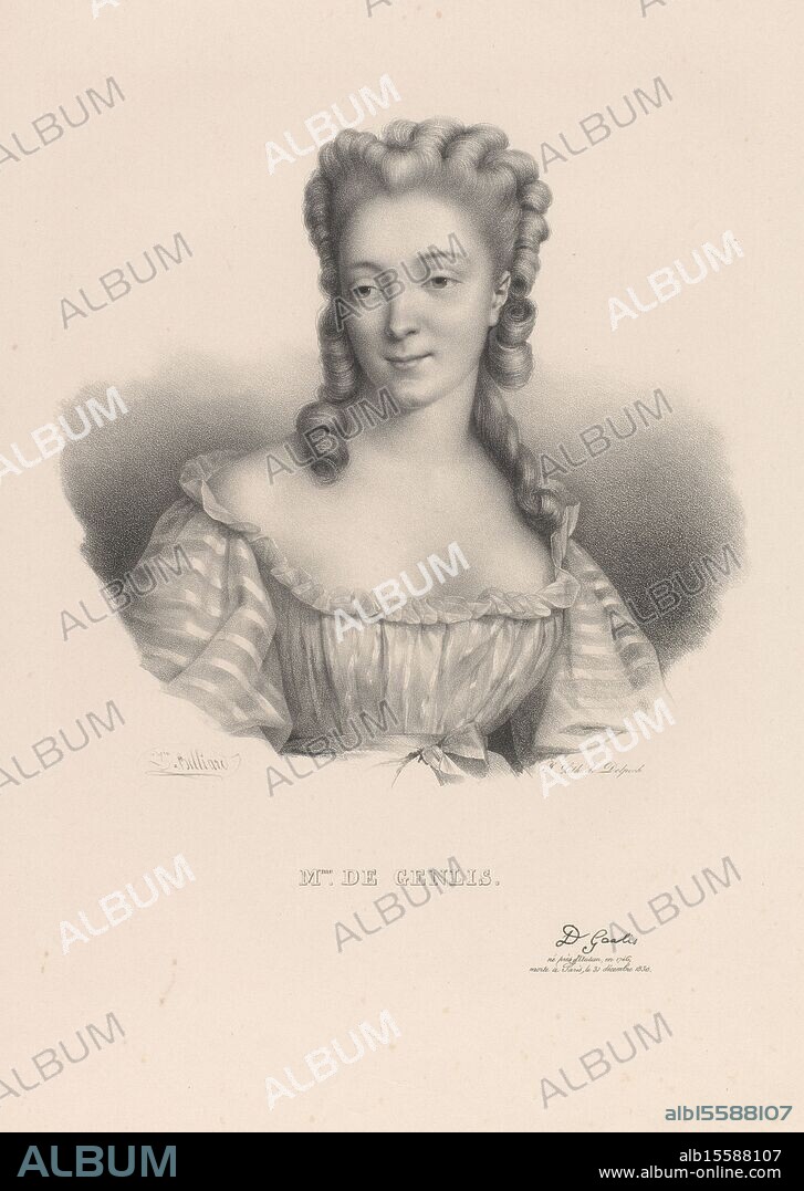 Portrait of the writer Stéphanie Félicité, Countess of Genlis, Mme. de Genlis (title on object), Portraits from 1789 to 1829 (series title), print, print maker: Zéphirin Félix Jean Marius Belliard, (mentioned on object), printer: veuve Delpech (Naudet), (mentioned on object), Paris, 1830, paper, height, 480 mm × width, 314 mm.