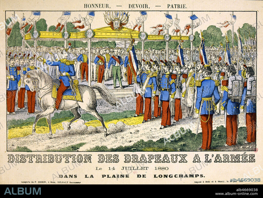 Premiere fete nationale 14 JUILLET 1880 'Distribution des drapeaux a l'armee, le 14 juillet 1880, dans la plaine de Longchamps'. Imagerie de Metz, fin 19eme s. (19e, XIXe s.) Credit : JEAN VIGNE / KHARBINE-TAPABOR.