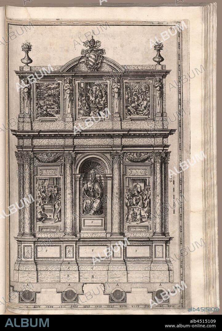 The burial of Pio Quinto Santa memory with his plant, Tomb of Pope Pius V in the Cappella Sistina of the Basilica of Santa Maria Maggiore in Rome, date estimated 49, fol. 48v, Fontana, Domenico (fec.); Bonifacio, Natale (inc.), 1590, Domenico Fontana: Della trasportatione dell'obelisco vaticano et delle fabriche di nostro signore papa Sisto V. Roma: appresso Domenico Basa, 1590.