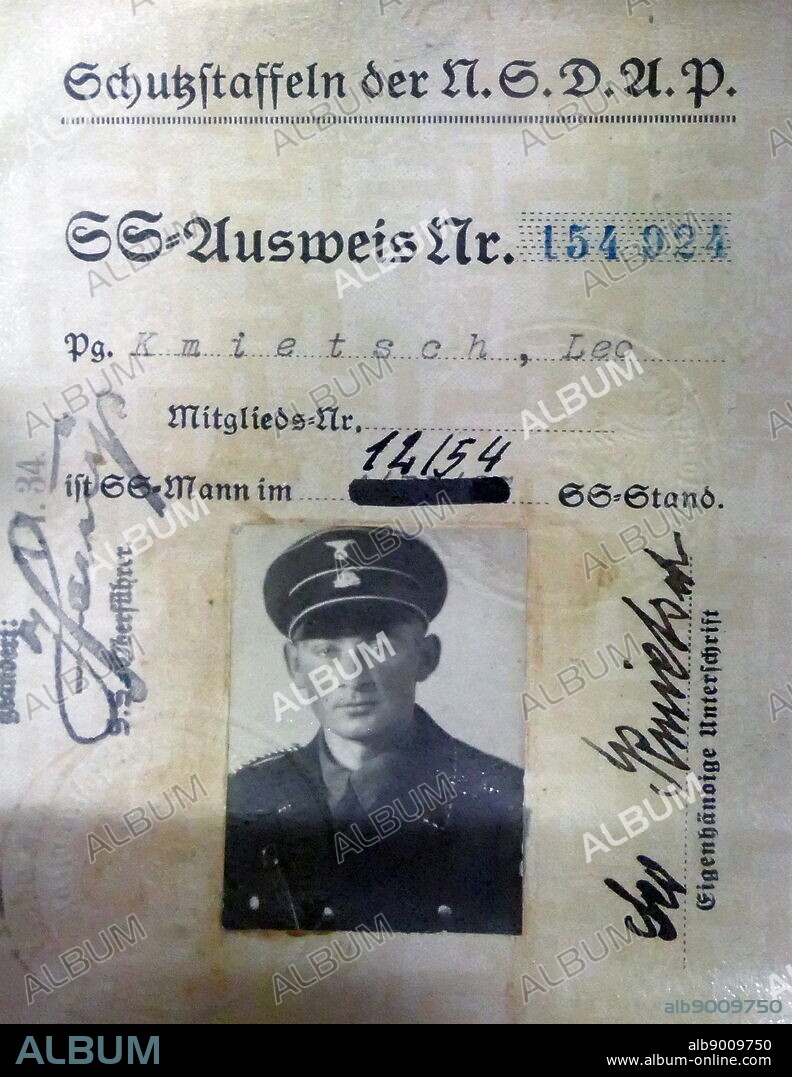 Identification papers for an SS officer, Leo Kmietsch. The Schutzstaffel (SS) was a major paramilitary organization under Adolf Hitler and the Nazi Party.