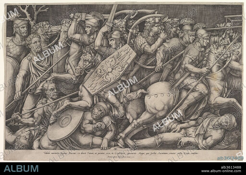 NICOLAS BéATRIZET. Roman soldiers fighting against Dacians, battle scene in shallow depth with horses and horn-players (after a bas-relief on the Arch of Constantine, Rome). Artist: Nicolas Beatrizet (French, Lunéville 1515-ca. 1566 Rome (?)). Dimensions: Sheet: 11 5/8 x 17 13/16 in. (29.6 x 45.3 cm). Date: 1553.