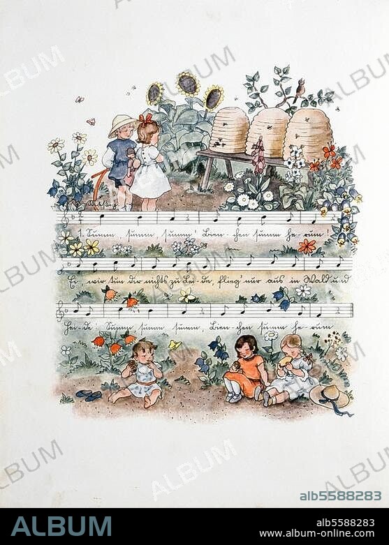 Music / Singing / Folk Song. "Summ, summ, summ' / Bienlein summ herum! (...) ". Printed score and lyrics with illustrations by Elisabeth Hasse. Fr.: Deutsche Kinderlieder, Meersburg and Leipzig (F.W.Hendel-Verlag) n. d. (c. 1935/40).
