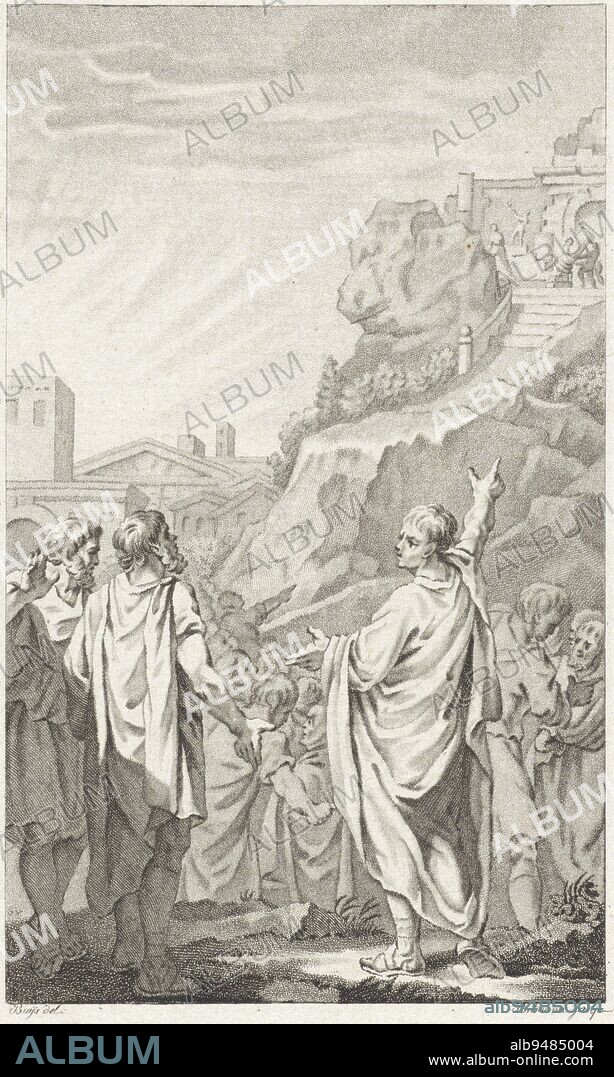 After the death of Brutus, Publius Valerius Publicola was the only consul left in power and had a house built on the hill of Velia. However, the people revolted and he decided to move his house to the foot of the mountain., print maker: Ludwig Gottlieb Portman, (mentioned on object), intermediary draughtsman: Jacobus Buys, (mentioned on object), Utrecht, 1793, paper, etching, h 210 mm × w 128 mm.