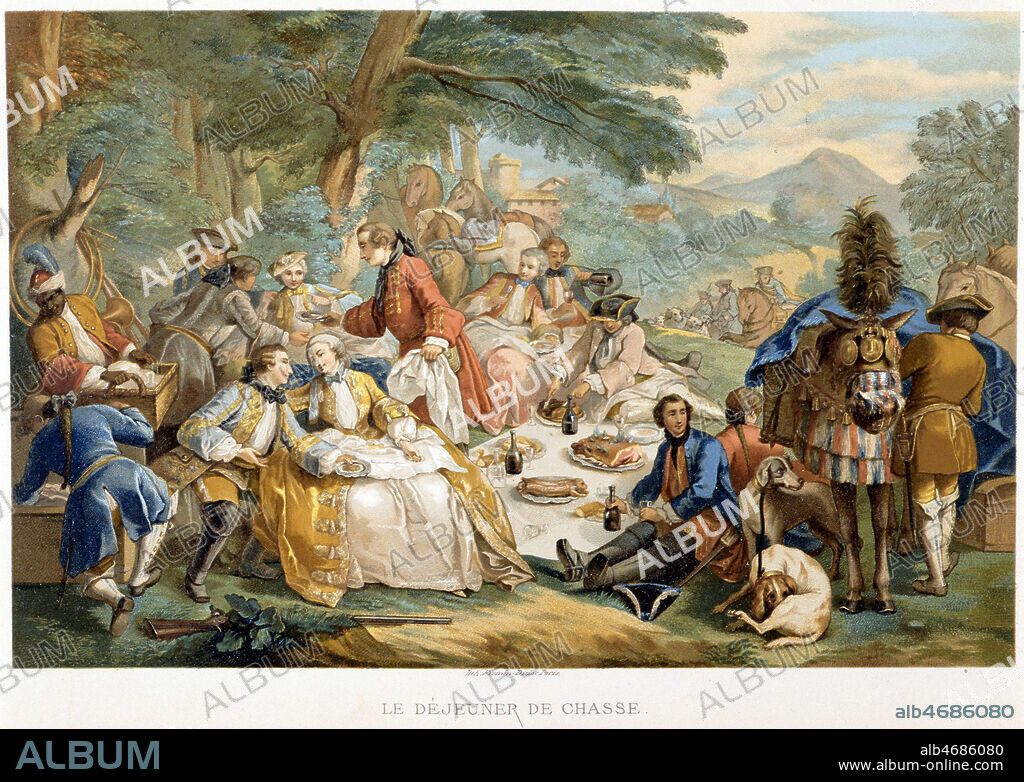 'Le dejeuner de chasse'. Illustration d'apres Carle VAN LOO (1705-1765) tiree de l'ouvrage de LACROIX '18eme s : institutions, usages et coutumes'. Credit : Collection KHARBINE-TAPABOR.