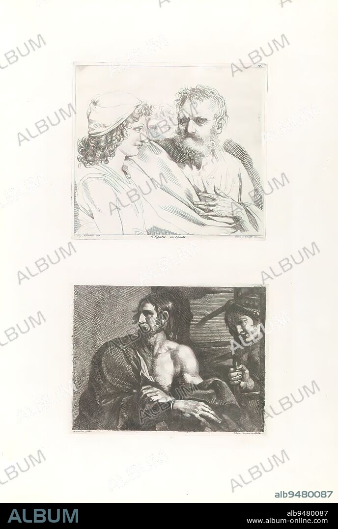 Hercules separates the rocks Calpe and Abila (the pillars of Hercules), Ercole che divide i Monti Abila e Calpe (title on object), Hercules separates the rocks Calpe and Abila (the pillars of Hercules). Print no. 10 on sheet 6 in the album 'Raccolta di Soggetti Pittorici', a print album with 42 numbered etchings on 28 pages by Luigi Sabatelli (I) himself and by pupils after his design.