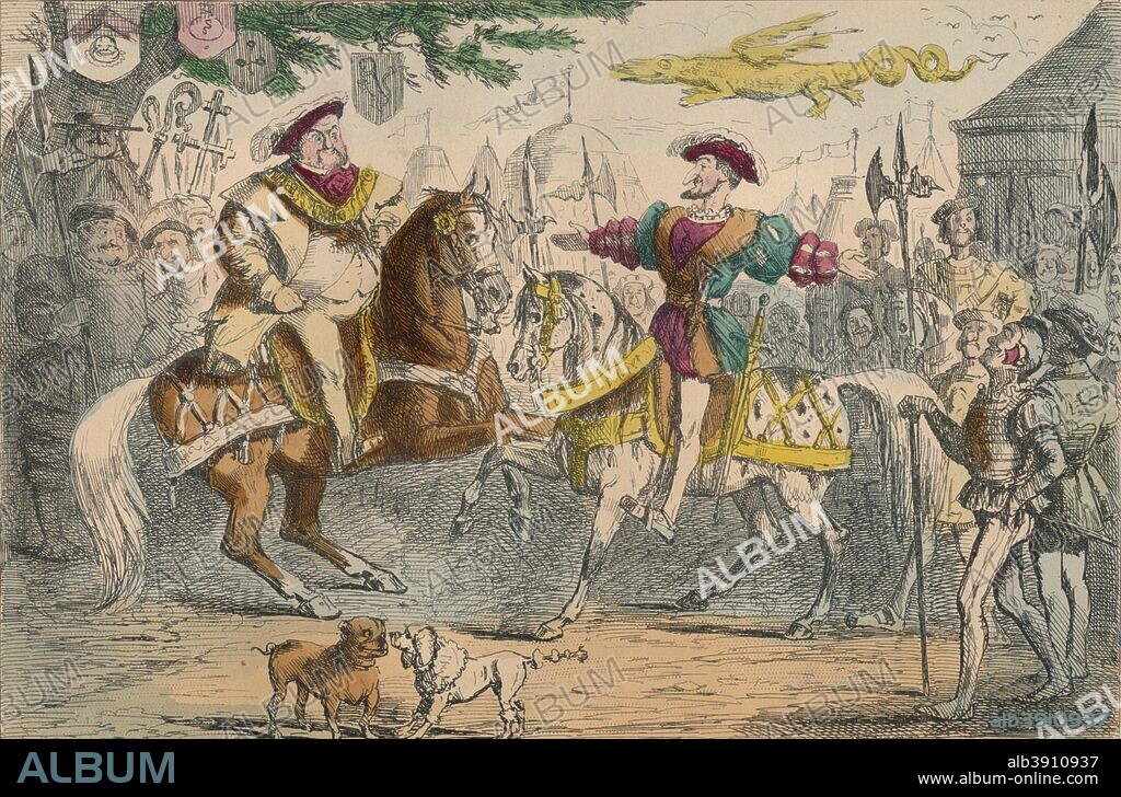 Henry VIII, meeting Francis I, 1850. A satirical illustration King Henry VIII of England and King Francis I of France meeting at the Field of the Cloth of Gold. Lavishly decorated tents were constructed at the Field of the Cloth of Gold, the meeting place near Calais in France, where Henry VIII of England and Francis I of France met to arrange an alliance between their countries between June 7 and 24, 1520. From The Comic History of England by Gilbert Abbott A. Beckett, illustrated by John Leech [Bradbury, Agnew & Co., London, 1850.].