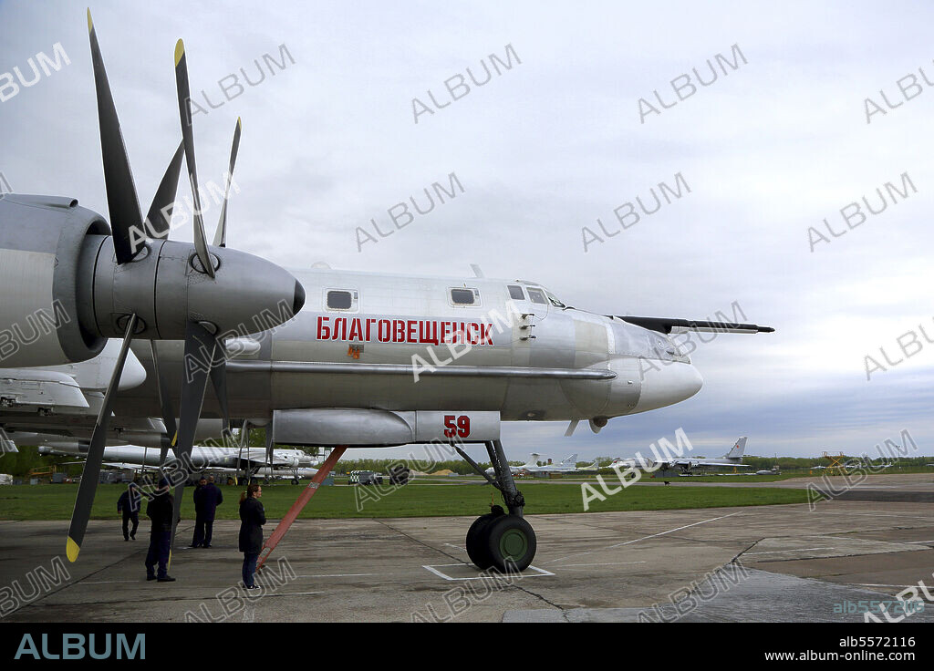 Tupolev Tu-95MS strategic bomber of the Russian Air Force on a parking position.