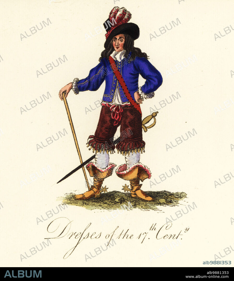 Restoration foppish beau in feathered hat, wig, blue jacket, frilled breeches, hose and boots, sword and spurs, from an etching by Richard Gaywood. Dress of the 17th century. Handcoloured engraving by Joseph Strutt from his Complete View of the Dress and Habits of the People of England, Henry Bohn, London, 1842.