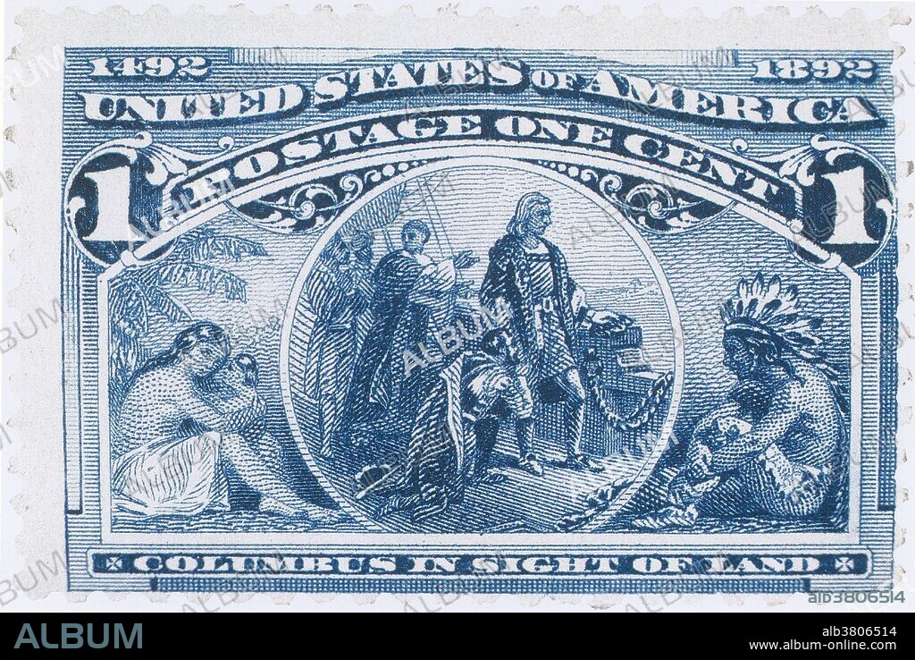 Entitled "Columbus in Sight of Land", this lowest value in the set was based on a painting by William Powell and was one of several to be engraved by Alfred Jones. This stamp was used primarily to pay postage on third-class mail. Because the images in the series were not based on the works of a single artist, Columbus's appearance changes dramatically between this stamp, where he is clean-shaven, and the 2Â¢ value, where he sports a full beard, despite the depicted events occurring only a day apart. The Columbian Issue, often known as simply the Columbians, is a set of 16 postage stamps issued by the United States to commemorate the World's Columbian Exposition held in Chicago during 1893. The engraved stamps were the first commemorative stamps issued by the United States, depicting various events during the career of Christopher Columbus and are presently much valued by collectors.