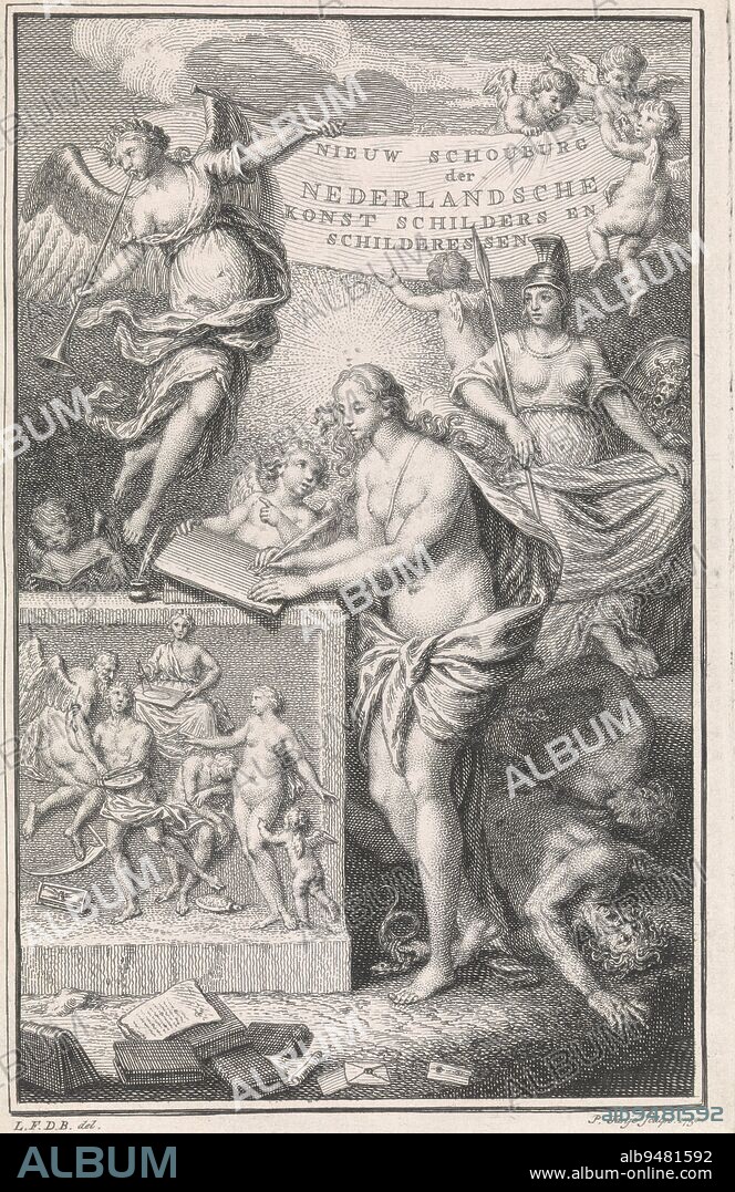 Truth describes the lives and deeds of Dutch painters, Pieter Tanjé, after Louis Fabritius Dubourg, 1750, The Truth, a woman with a sun above her head, describes the lives and deeds of Dutch painters and tramples on Envy and Sloth. Minerva, the god of wisdom, stands by her. Fame blows the praises. The stone relief shows a painter, besieged by Father Time and the sleeping Sloth. Thereby Venus stands as the Beauty and the Geometry to encourage him to make good art., print maker: Pieter Tanjé, (mentioned on object), intermediary draughtsman: Louis Fabritius Dubourg, (mentioned on object), Amsterdam, 1750, paper, etching, engraving, h 162 mm × w 104 mm.