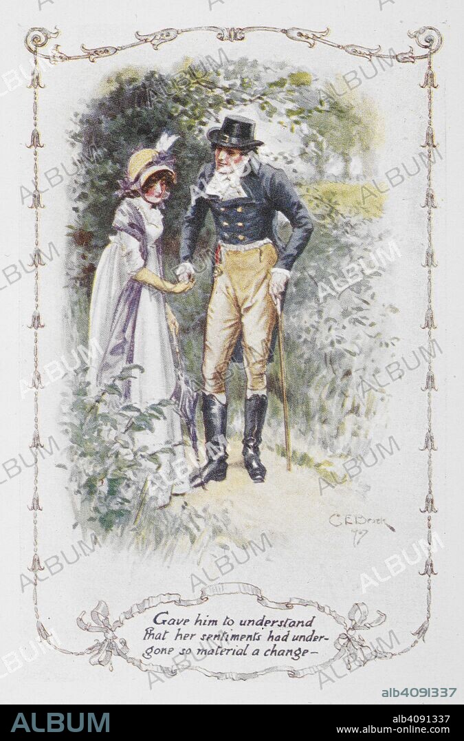 JANE AUSTEN and CHARLES EDMUND BROCK. 'Gave him to understand that her sentiments had undergone so material a change'. Elizabeth Bennet and Mr Darcy. Illustration to 'Pride and Prejudice', the novel by Jane Austen. Pride and Prejudice. London : J. M. Dent & Sons, 1907. Source: 012208.g.2/3 opposite page 324. Language: English.
