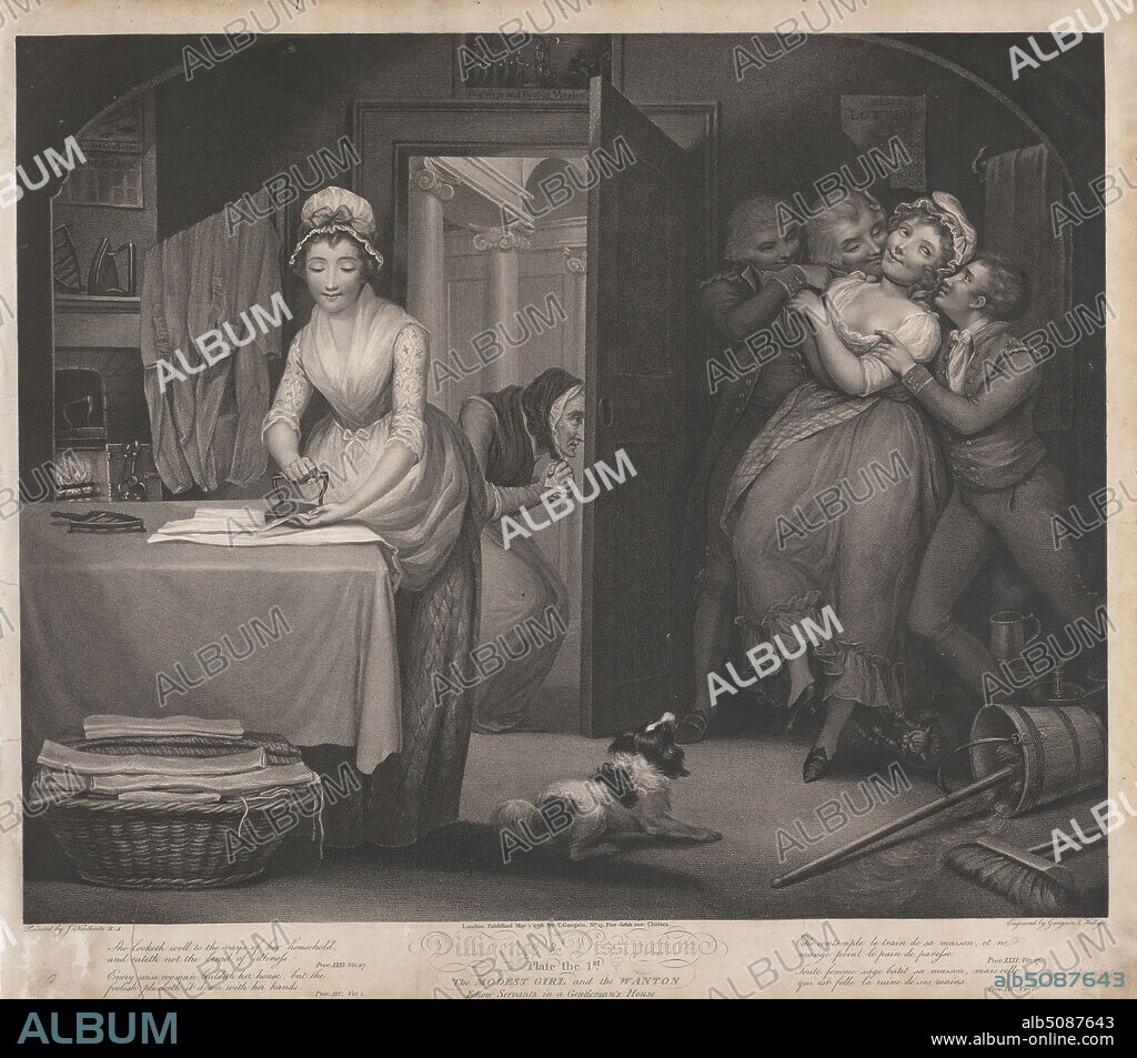 Diligence and Dissipation: The Modest Girl and the Wanton/ Fellow Servants in a Gentleman's House (Plate 1), Print made by Thomas Gaugain, 17481812, French, and Thomas Hellyer, active 1800, British, after James Northcote, 17461831, British, 1797, Stipple engraving, open letter proofs, Sheet: 18 1/2 x 20 13/16in. (47 x 52.9cm), bonnets, dog (animal), fireplace, iron, literary theme, men, servants.