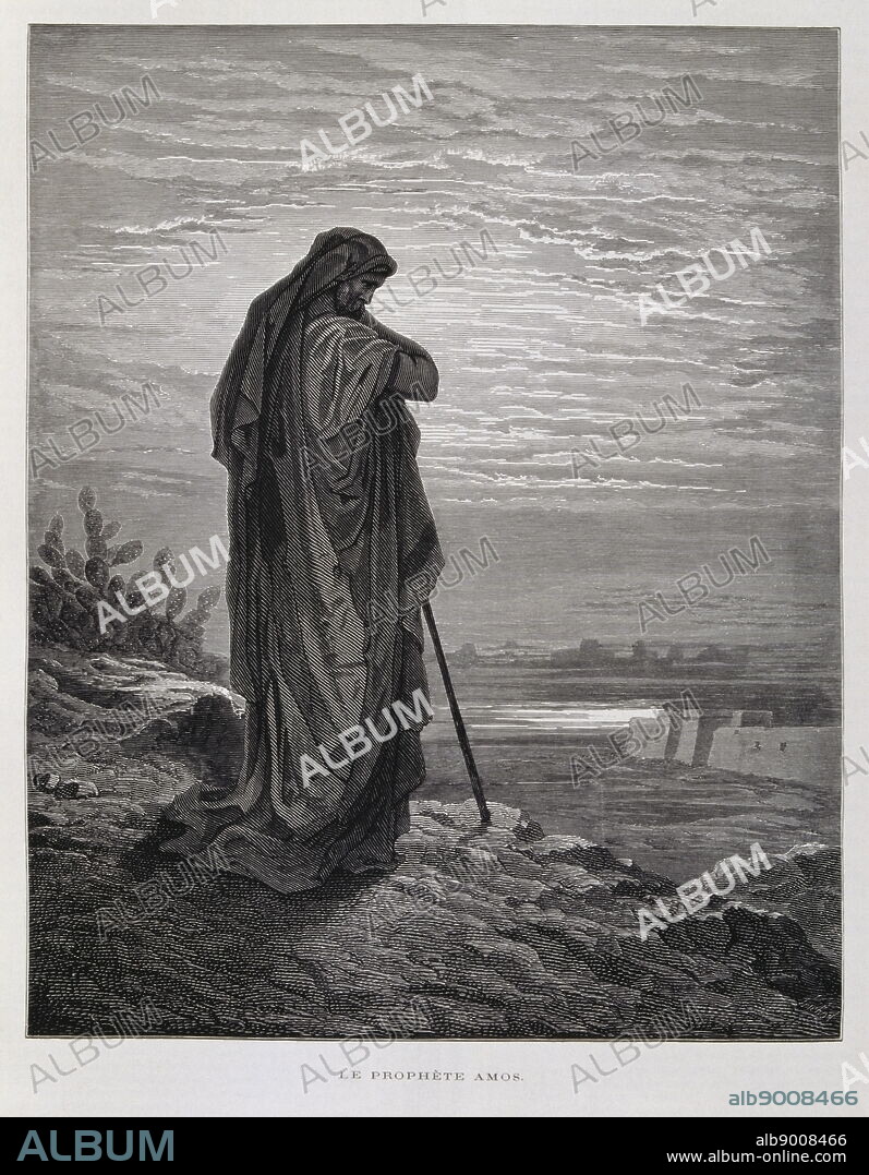 The prophet Amos , Illustration from the Dore Bible 1866. In 1866, the French artist and illustrator Gustave Doré (18321883), published a series of 241 wood engravings for a new deluxe edition of the 1843 French translation of the Vulgate Bible, popularly known as the Bible de Tours. This new edition was known as La Grande Bible de Tours and its illustrations were immensely successful.