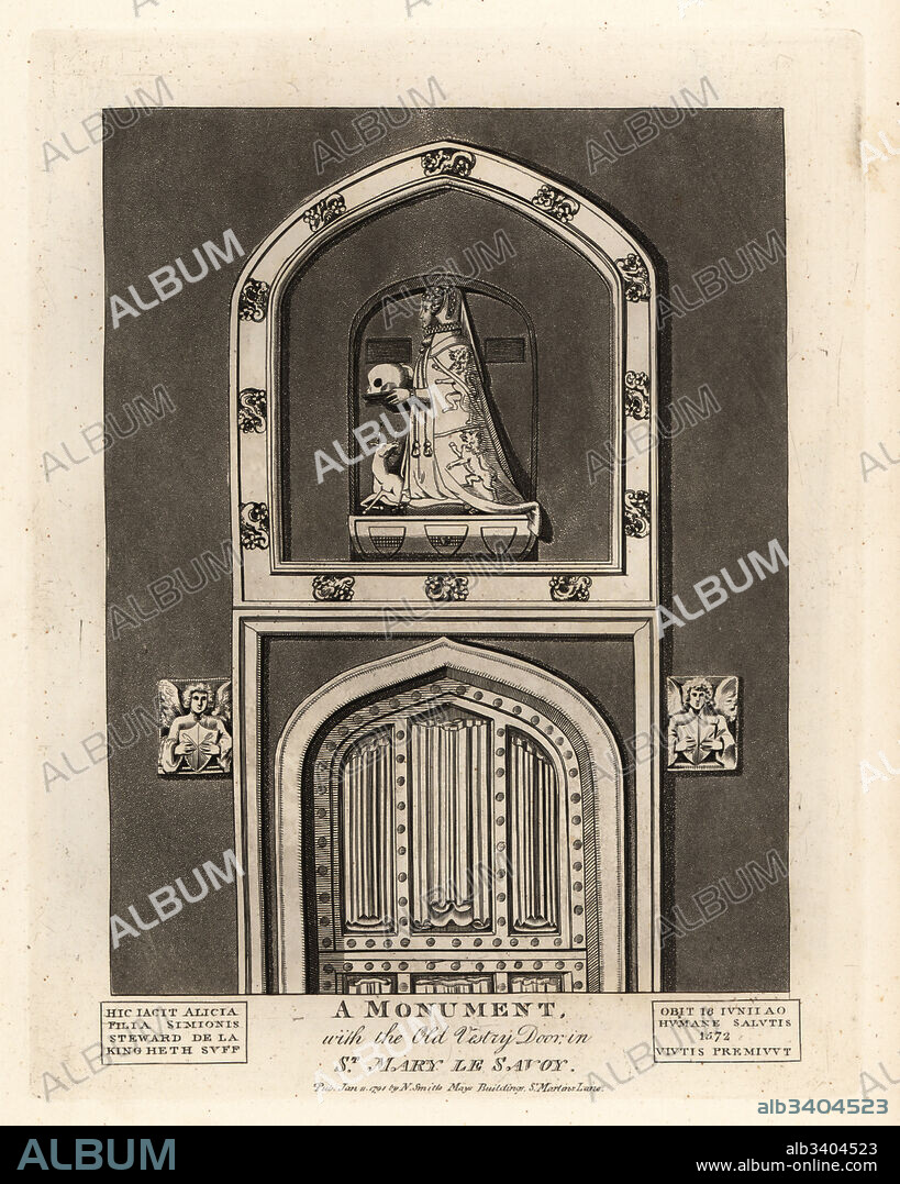 Grave effigy of Alicia, daughter of Simon Steward, with the Old Vestry Door in St. Mary le Savoy. She kneels in an armorial cape holding a skull. Hic jacet Alicia, Filia Simonis Steward de la Kingheth, Suff, obiit 18 Junii 1573. Copperplate engraving by John Thomas Smith after original drawings by members of the Society of Antiquaries from his J.T. Smiths Antiquities of London and its Environs, J. Sewell, R. Folder, J. Simco, London, 1791.