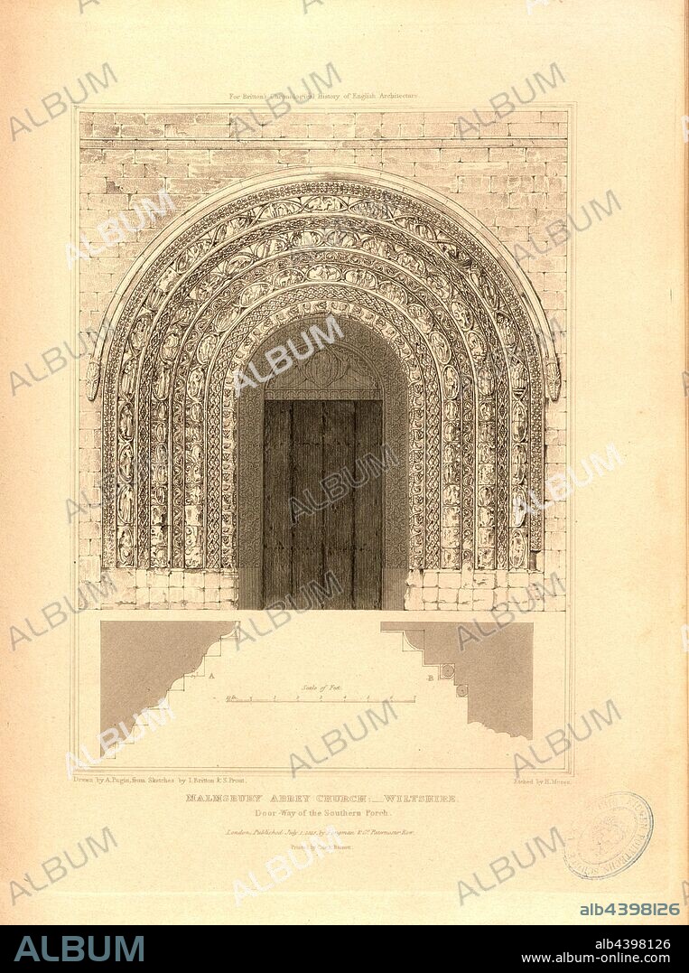 Malmesbury Abbey Church, Wiltshire, Doorway of the Southern Porch, Church Door at Malmsbury Abbey in Malmesbury, Wilthshire, signed: Drawn by A. Pugin, from Sketches by I. Britton & S. Prout; Etched by H. Moses; Published by Longman & Co, Fig. 33, p. 260, Britton, John (sketch); Prout, Samuel (sketch); Pugin, Augustus Charles (drawing); Moses, Henry (engraver); Longman & Co. (published), 1818, John Britton: The architectural antiquities of Great Britain: represented and illustrated in a series of views, elevations, plans, sections and details of various ancient English edifices: with historical and descriptive accounts of each. Bd. 5. London: J. Taylor, 1807-1826.