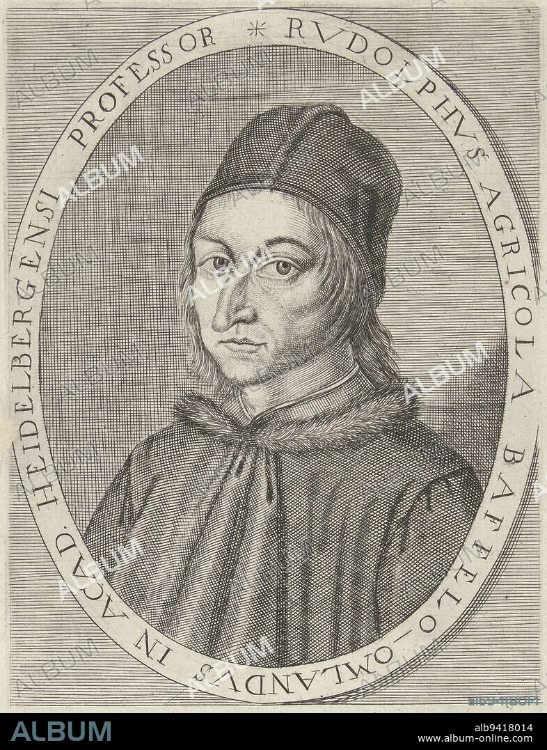 Portrait bust in oval to right of Rudolf Agricola, church reformer and Latin language scholar, with headgear. On the oval frame is a border inscription in Latin, in the margin a four-line Latin verse. Portrait of Rudolf Agricola, print maker: Steven van Lamsweerde, (mentioned on object), anonymous, 1654, paper, engraving, h 213 mm × w 129 mm.
