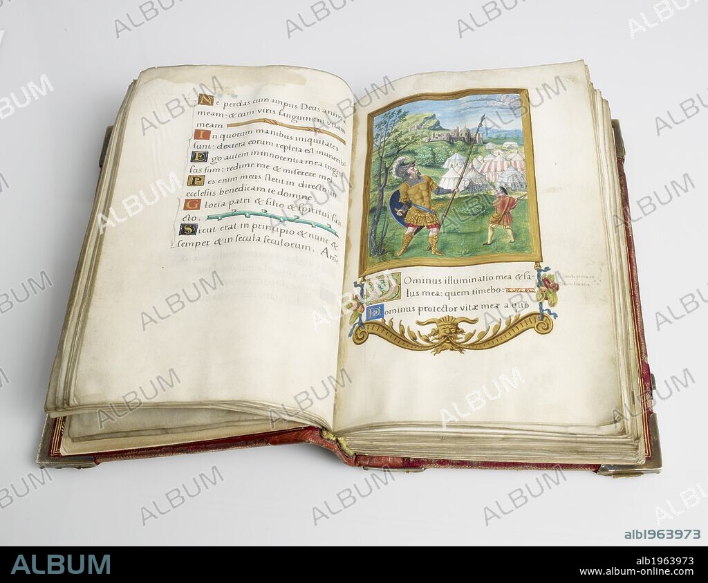 David and Goliath. Psalter of Henry VIII. 1530-1547. [Whole folios] Text and opposite: David with his sling, in combat with Goliath in armour with shield and spear. Behind, an encampment with soldiers and tents, and landscape with castle in the distance. Illustration to Psalm 26  Image taken from Psalter of Henry VIII.  Originally published/produced in 1530-1547 . Source: Royal 2 A. XVI, ff.29v-30. Language: Latin.
