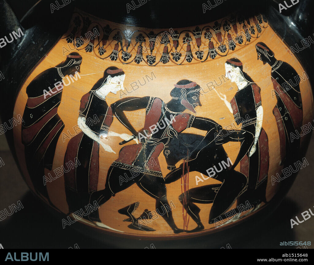 Greek civilization, 6th century b.C. Black-figure pottery. Amphora with Theseus fighting against the Minotaur, attributed to the Painter of the Birth of Athena. Detail.