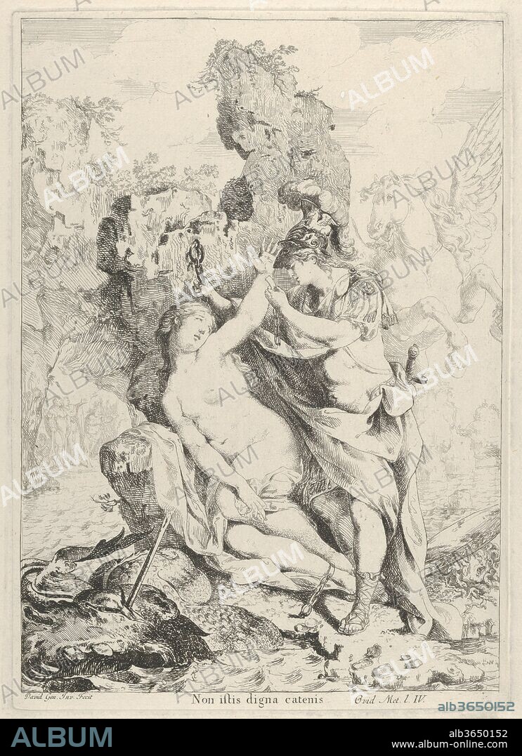 Perseus Saving Andromeda. Artist: Giovanni David (Italian, Cabella Ligure 1749-1790 Genoa). Dimensions: Plate: 11 15/16 x 8 1/2 in. (30.4 x 21.6 cm)
Sheet: 12 13/16 x 14 7/8 in. (32.5 x 37.8 cm). Date: ca. 1775.
David depicts the moment when having slain the sea monster to whom she was to be sacrificed Perseus frees Andromeda. On the ground to the right of Perseus lies the shield whose reflective surface had enabled him to slay  Medusa, since looking on the Gorgon directly would have turned him to stone. Although classical sources describe Perseus as flying with the aid of winged sandals, artists often show him riding Pegasus, born from Medusa's blood. Considered an embodiment of fame, the winged horse was an appropriate mount for a hero.