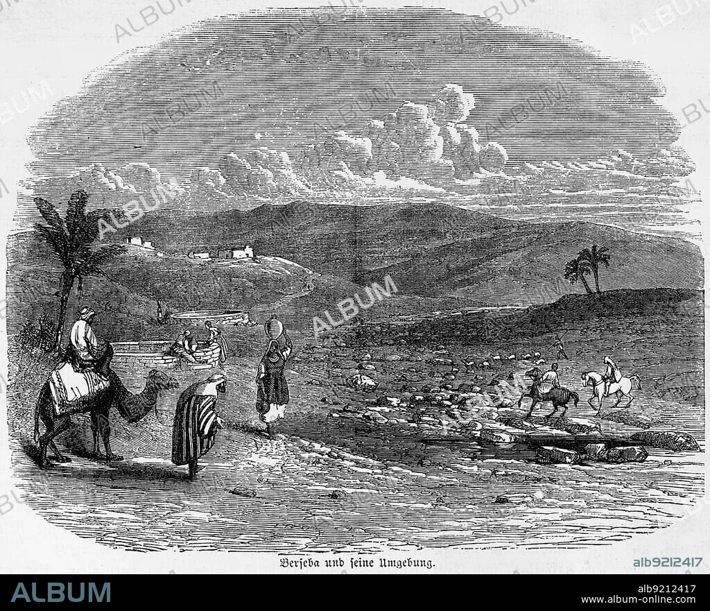 Berseba and its surroundings, Beer Sheva, Beersheba, city view, Israel, landscape, mountains, camel, horseman, people, horses, Bible, Old Testament, Second Book of Chronicles, chapter, verse, historical illustration c. 1850, Near East, Asia.