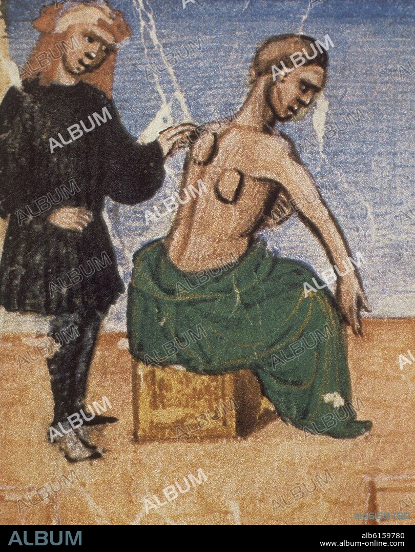 IBN SINA (980-1037) LATINIZADO COMO AVICENA. MS 2197 SHEET 492 - THE CANON OF MEDICINE - AVICENNA MANUSCRIPT - DOCTOR APPLYING SUCTION CUPS, 1438.