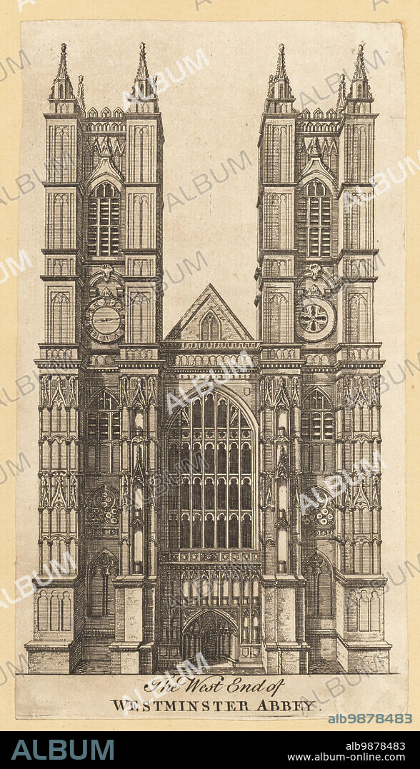 Front elevation of the Portland stone towers of the West End of Westminster Abbey, 18th century. Medieval abbey completed by architects Sir Christopher Wren, Nicholas Hawksmoor and John James. Copperplate engraving from the Gentleman's Magazine and Historical Chronicle edited by Sylvanus Urban, Edward Cave Junior, St. John's Gate , London, 1751.