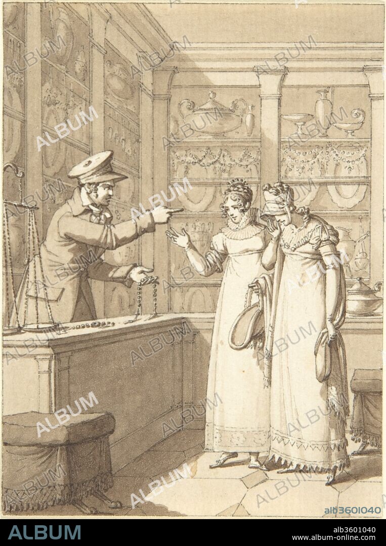 Design for a Book Illustration: Two Women in a Pawn Shop. Artist: Anonymous, German, 19th century. Dimensions: 3 5/8 x 2 11/16 in.  (9.2 x 6.8 cm). Date: 19th century.
