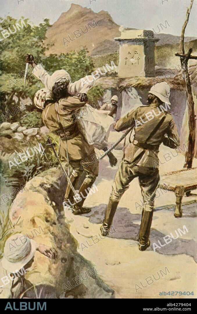 CHARLES MILLS SHELDON. 'Roberts Saved by a Trooper at Bhagwana', (1901). Incident in Afghanistan, c1870s, from the life of British major general Sir Frederick, 1st Earl Roberts (1832-1914). After a work made late 19th-early 20th century. From "The Life and Deeds of Earl Roberts, Vol. III. - To The End of Lord Roberts's Indian Career", by J. Maclaren Cobban. [T. C. & E. C. Jack, Edinburgh, 1901].