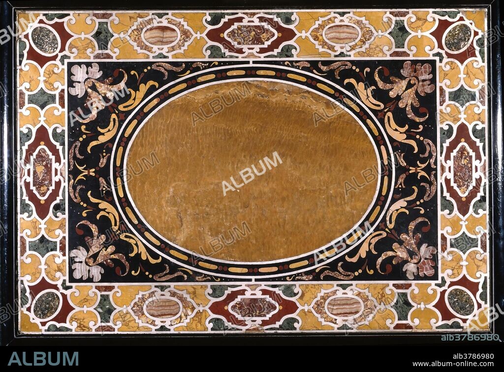 Taller romano / 'Tablero de mesa con óvalo de alabastro'. Finales del siglo XVI. Alabastro, Paragone, Piedras duras u ornamentales, piedras preciosas, 87,3 x 128 cm.