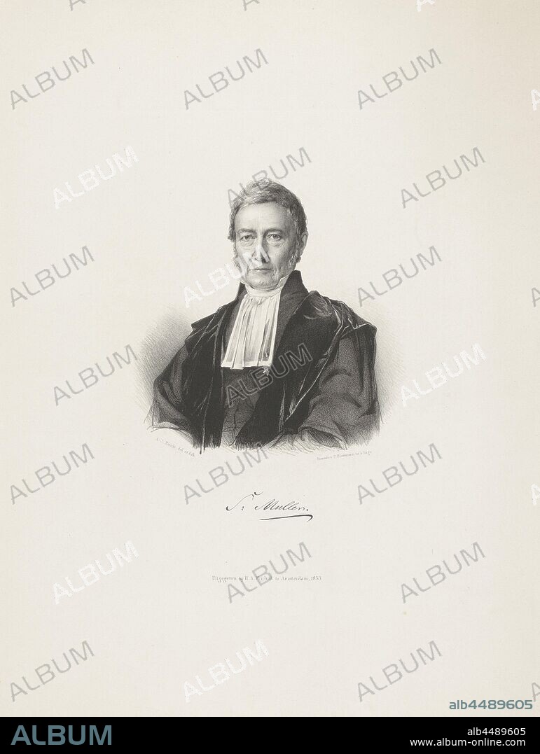 Portrait of S. Muller, The subject wearing a gown and a bef. Under the portrait are signature., Historical persons ((full) bust portrait), Samuel Muller (1785-1875), Adrianus Johannes Ehnle, 1853, paper, h 463 mm × w 350 mm.
